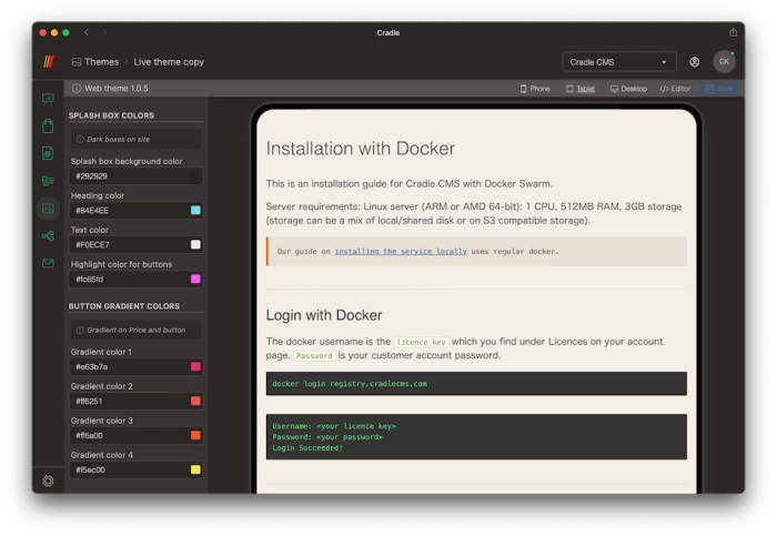 The original Cradle theme settings interface with editing controls